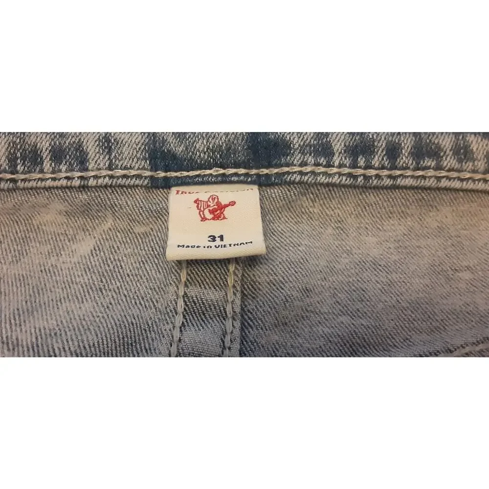 True Religion Geno Mens 31 Jeans Relaxed Slim Acid Wash‎ Blue w/Red Embroidered